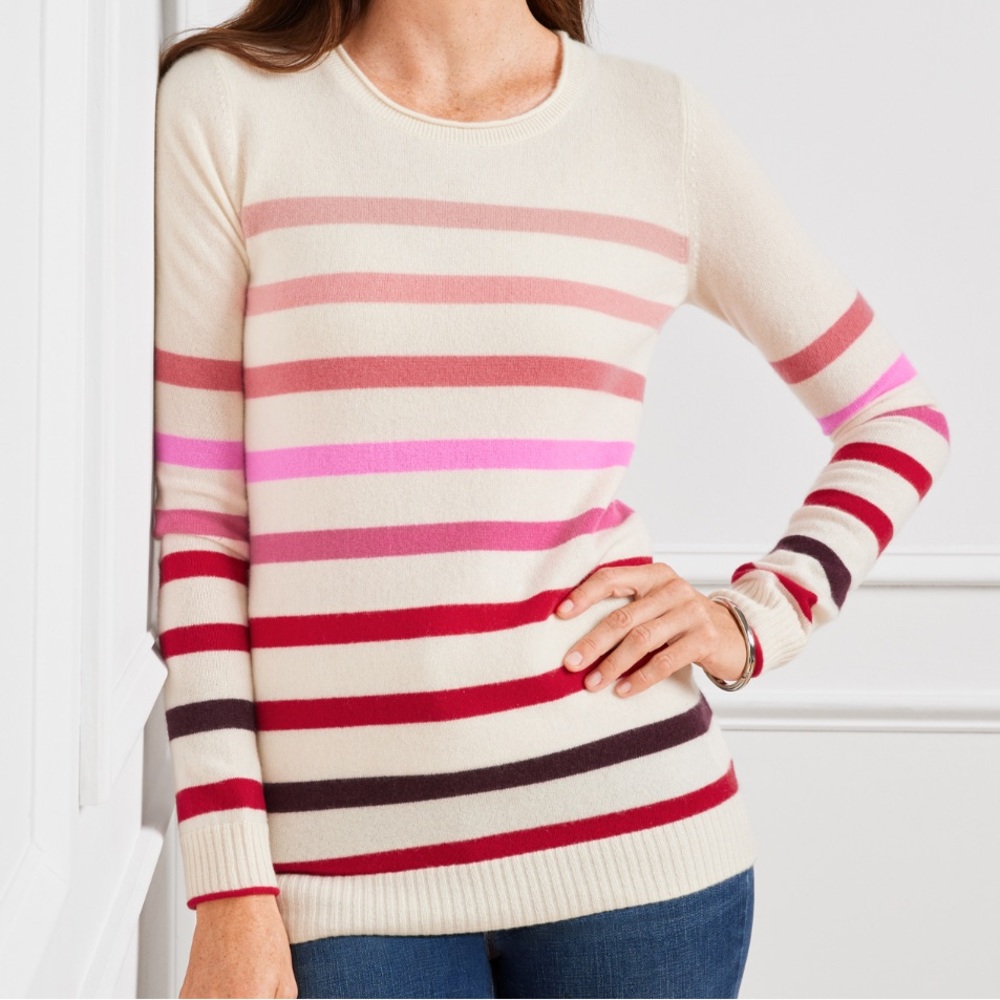 Talbots Crewneck Stripe Cashmere Sweater Gradiated Stripe Cozy Sporty Luxury